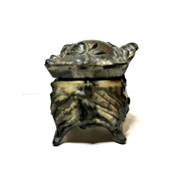 Antique Silver Tone Small Jewelry Trinket Box Casket Hinged Lid Footed Lined - Picture 5 of 9